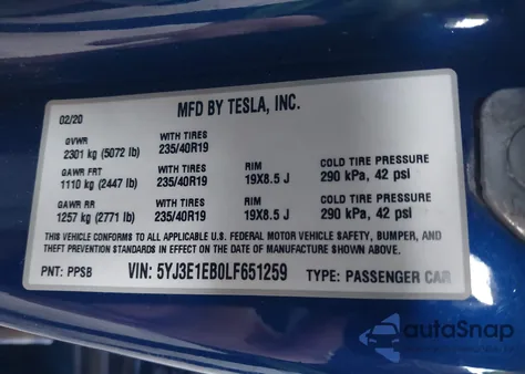 2020 Tesla Model 3 Long Range Dual Motor All-Wheel Drive из США, поврежденный, VIN 5YJ3E1EB0LF651259